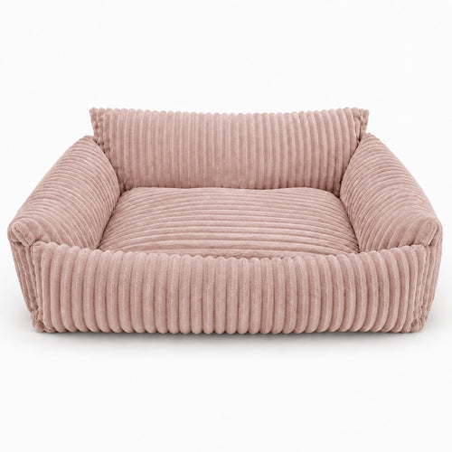 Canapé pour chien Lodie en velours côtelé rose, avec accoudoirs et dossier rembourrés