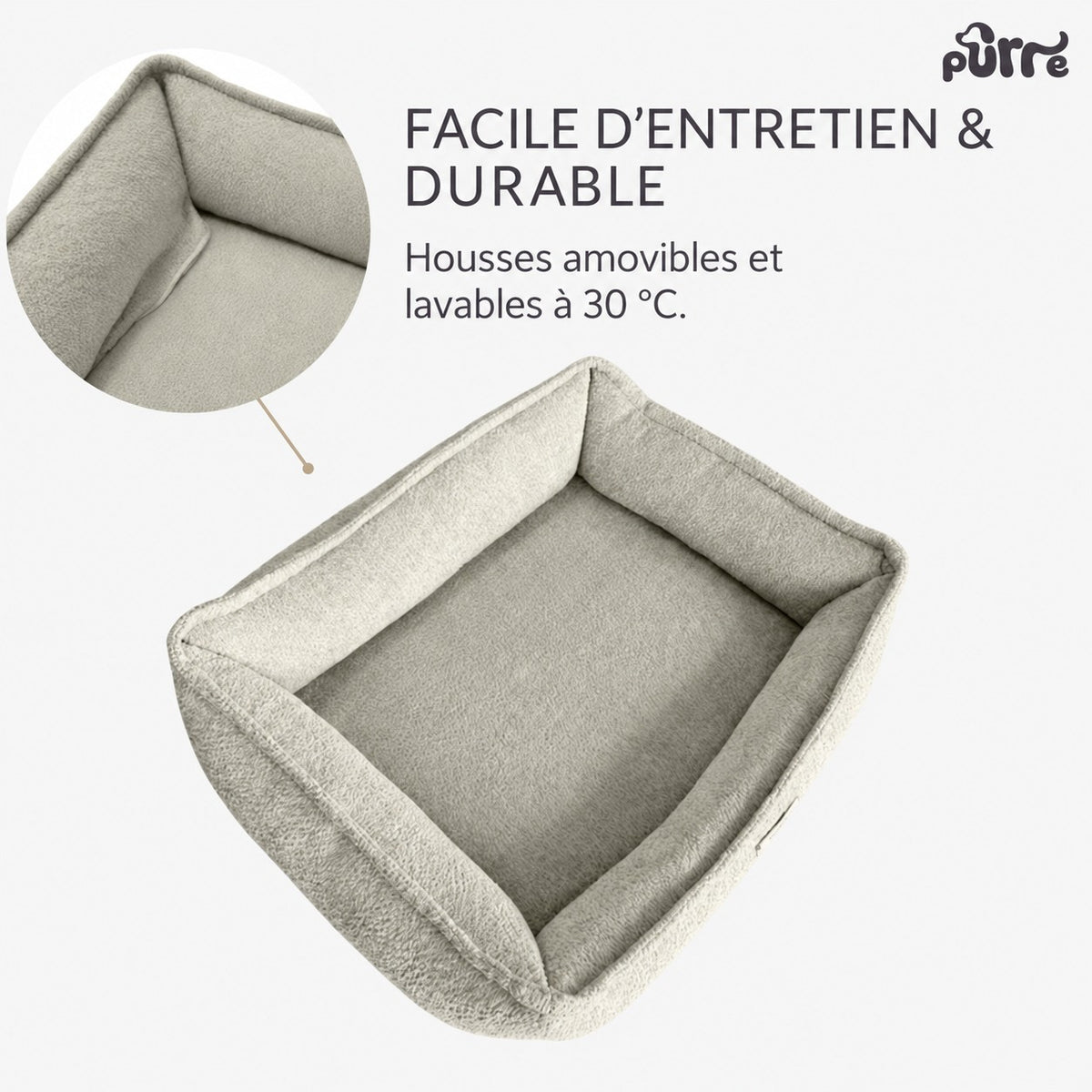 Panier pour chien Nino taille L en tissu bouclette écru, rectangulaire, avec rebord rembourré
