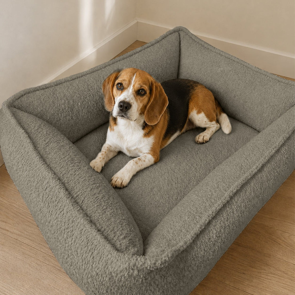 Panier pour chien Nino taille M en tissu bouclette vert menthe, rectangulaire, avec rebord rembourré