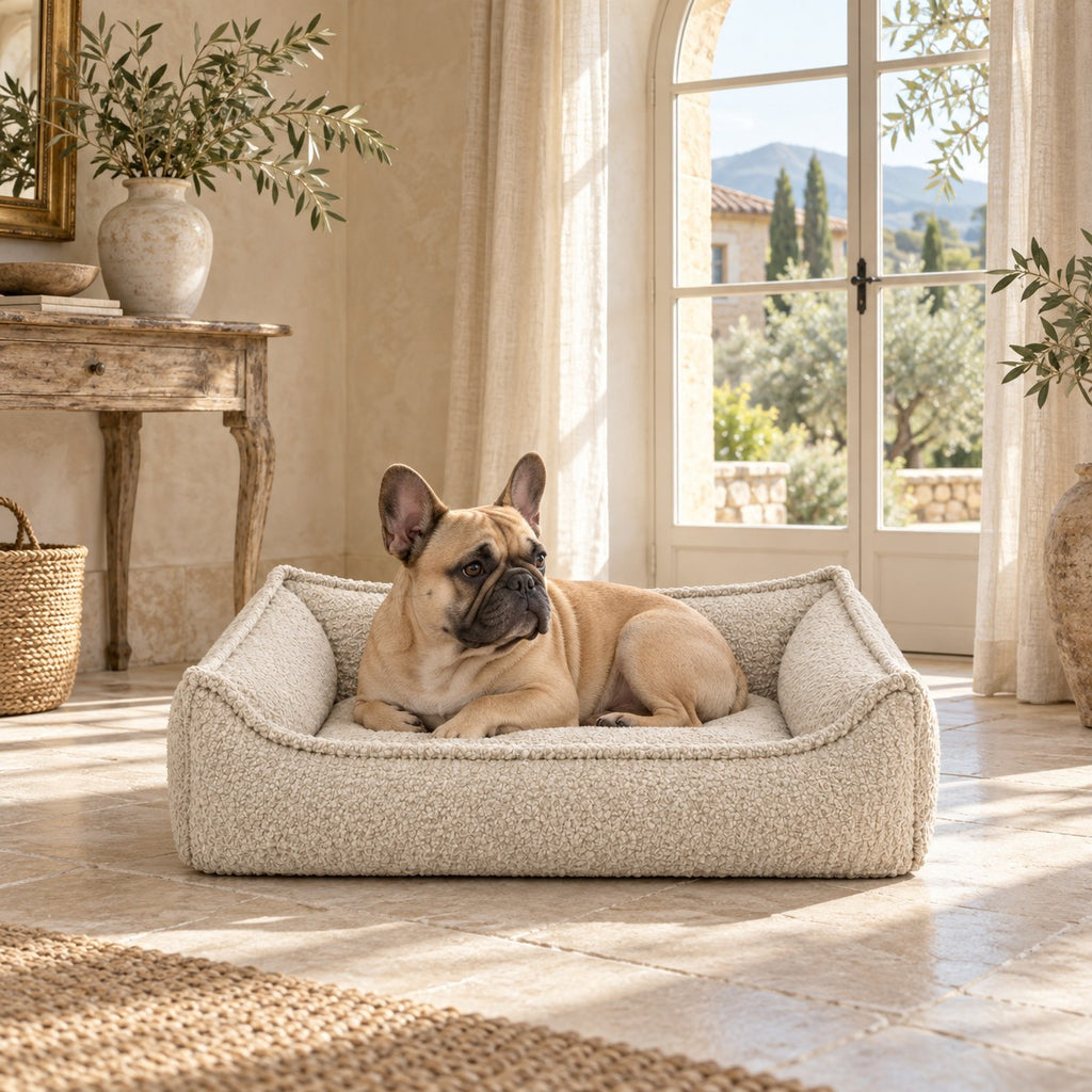 Nino dog bed size S in mint green bouclé fabric, rectangular, with padded rim