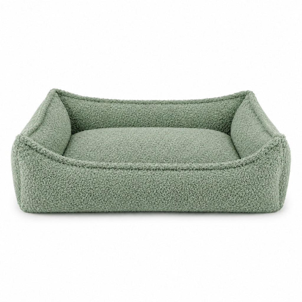 Nino dog bed size S in mint green bouclé fabric, rectangular, with padded rim