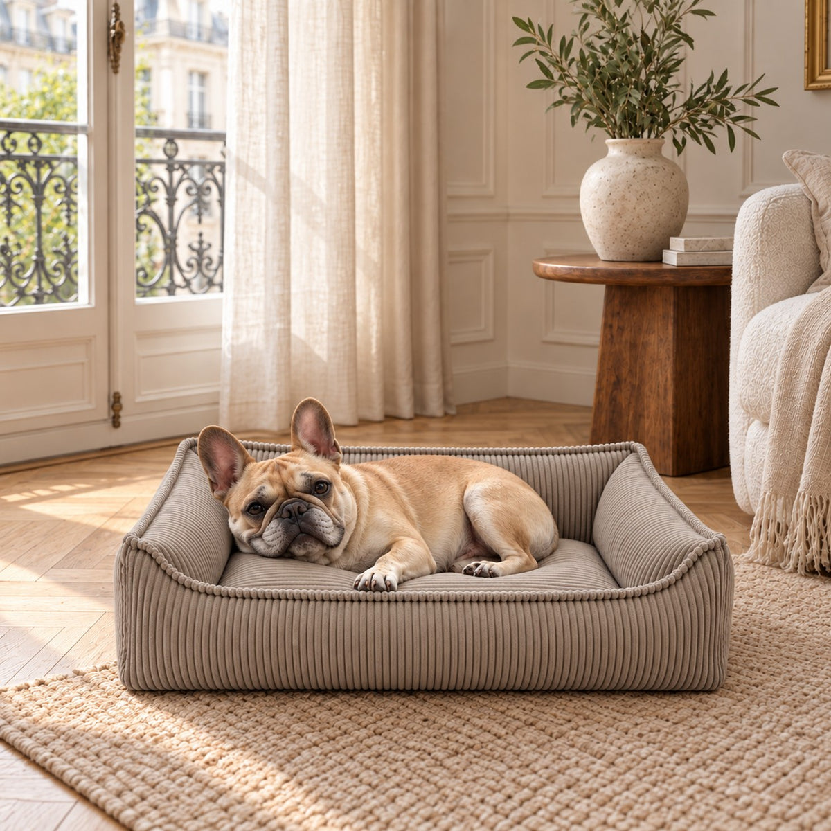 Panier pour chien Nino taille M en velours côtelé gris nuage, rectangulaire, avec rebord rembourré