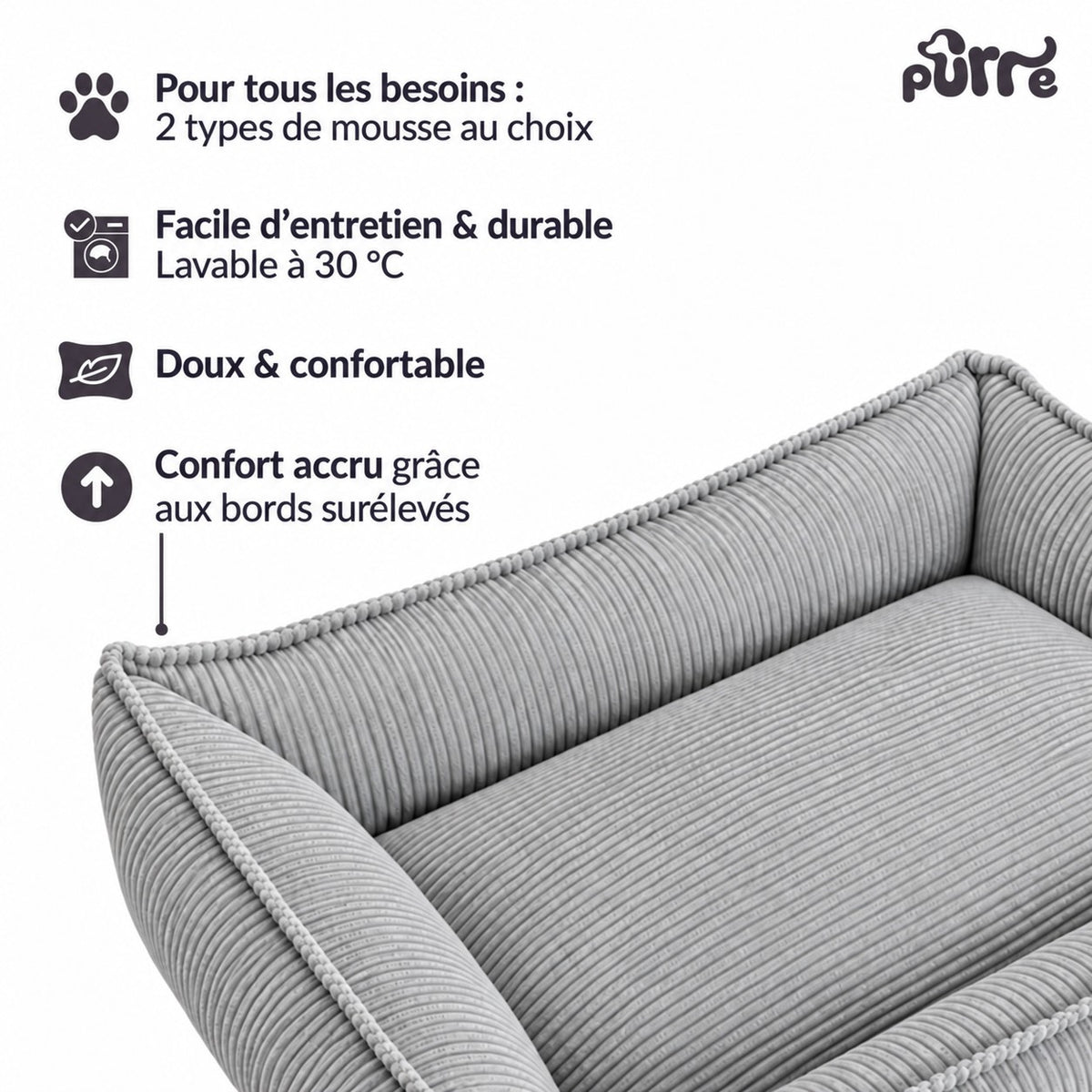 Panier pour chien Nino taille M en velours côtelé gris nuage, rectangulaire, avec rebord rembourré