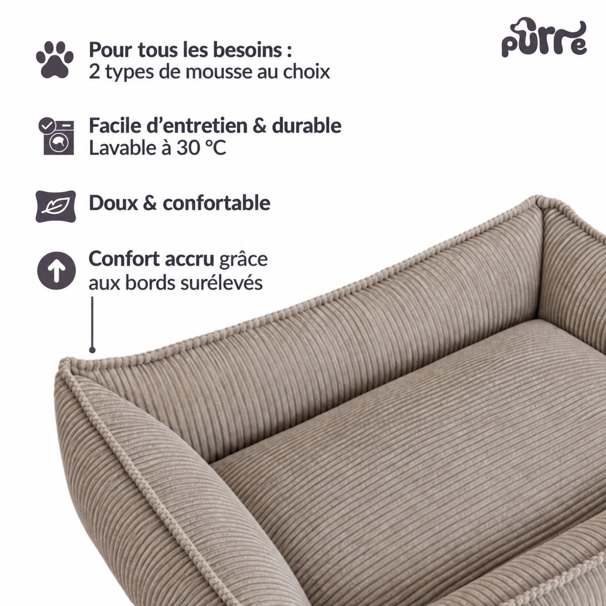 Panier pour chien Nino taille M en velours côtelé taupe noisette, rectangulaire, avec rebord rembourré