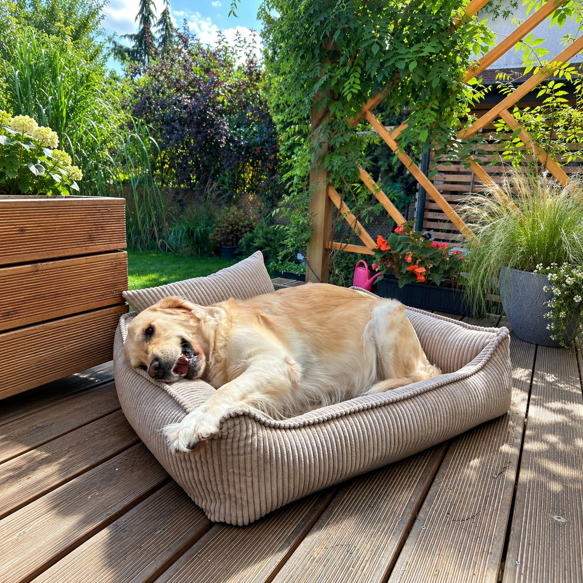 Panier pour chien Nino taille M en velours côtelé taupe noisette, rectangulaire, avec rebord rembourré