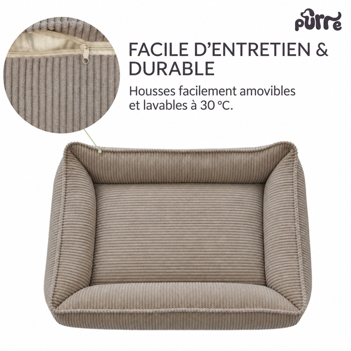 Nino dog bed size XS in hazelnut taupe corduroy, rectangular, with padded rim