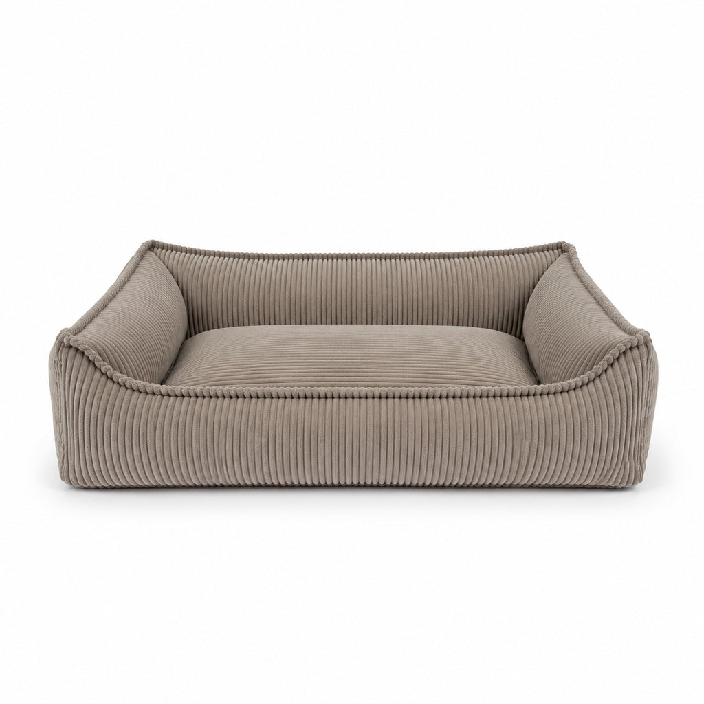 Nino dog bed size XS in hazelnut taupe corduroy, rectangular, with padded rim