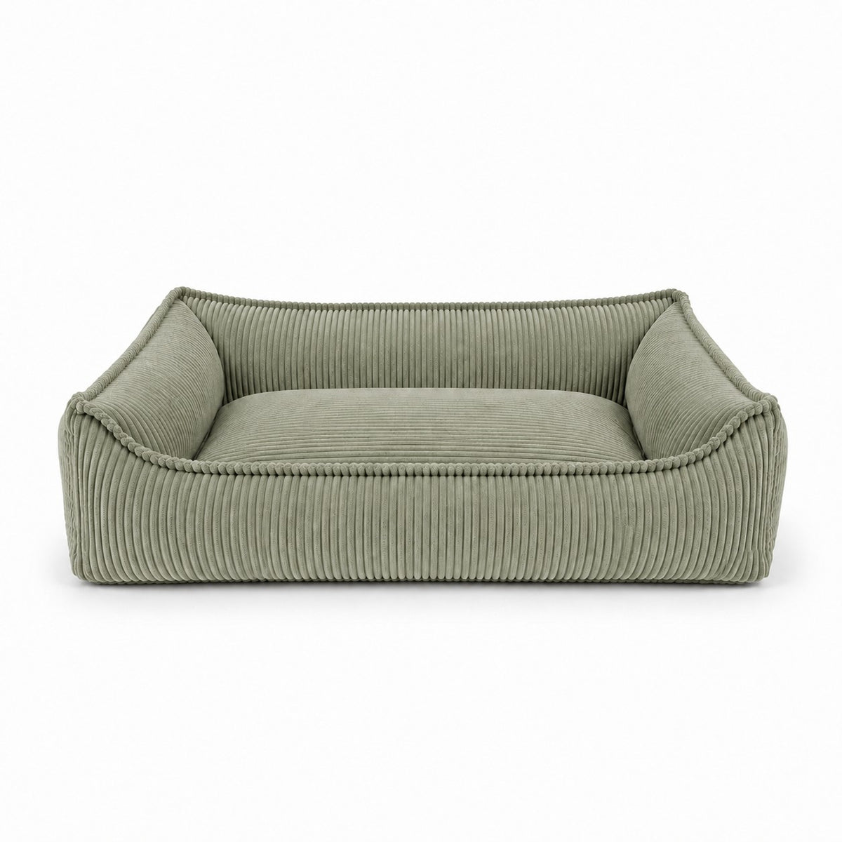 Panier pour chien Nino taille S en velours côtelé vert olive, rectangulaire, avec rebord rembourré